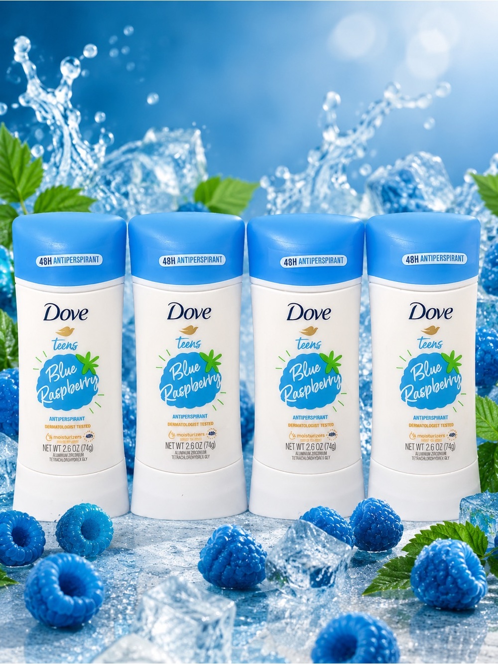 Dove Teens Blue Raspberry Antiperspirant Deodorant Stick - lot of 4 exp 10/2025